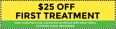 Yellow and green coupon that says $25 Off First Treatment