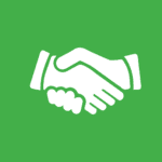 White vector graphic of shaking hands on a green background.